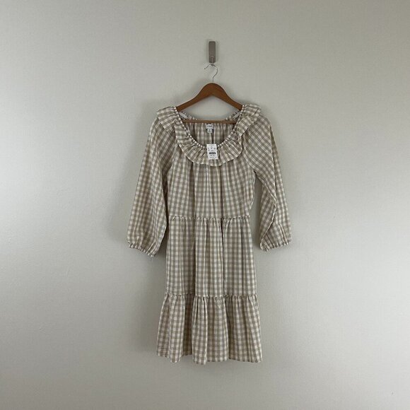 J. Crew Dresses & Skirts - J Crew Light Khaki White Seersucker Ruffle Neck Mini Dress Size 6
